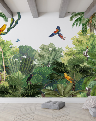 Tapet personalizat cu design exotic Canopy Jungle, care prezintă o pădure tropicală luxuriantă, cu palmieri înalți, vegetație bogată și păsări colorate.