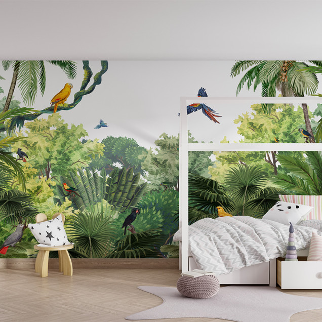 Tapet personalizat cu design exotic Canopy Jungle, care prezintă o pădure tropicală luxuriantă, cu palmieri înalți, vegetație bogată și păsări colorate.