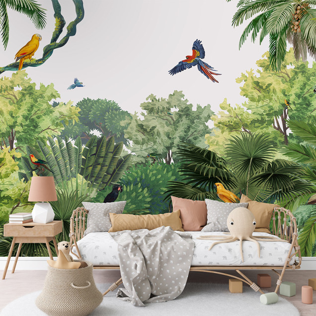 Tapet personalizat cu design exotic Canopy Jungle, care prezintă o pădure tropicală luxuriantă, cu palmieri înalți, vegetație bogată și păsări colorate.