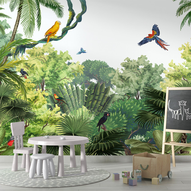 Tapet personalizat cu design exotic Canopy Jungle, care prezintă o pădure tropicală luxuriantă, cu palmieri înalți, vegetație bogată și păsări colorate.