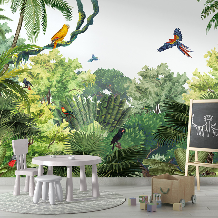 Tapet Canopy Jungle - Natural cu palmieri, păsări și o atmosferă exotică.