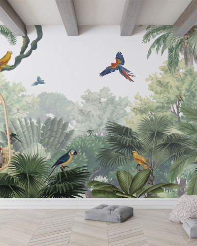 Tapet Canopy Jungle - Natural cu palmieri, păsări și o atmosferă exotică.