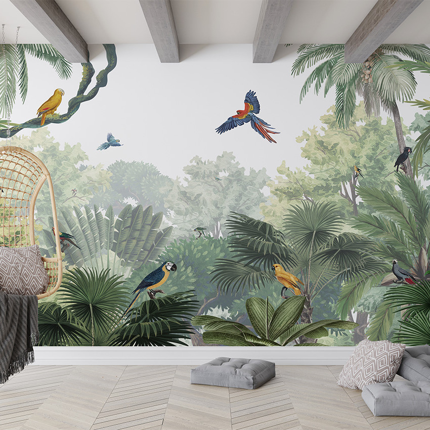 Tapet Canopy Jungle - Natural cu palmieri, păsări și o atmosferă exotică.