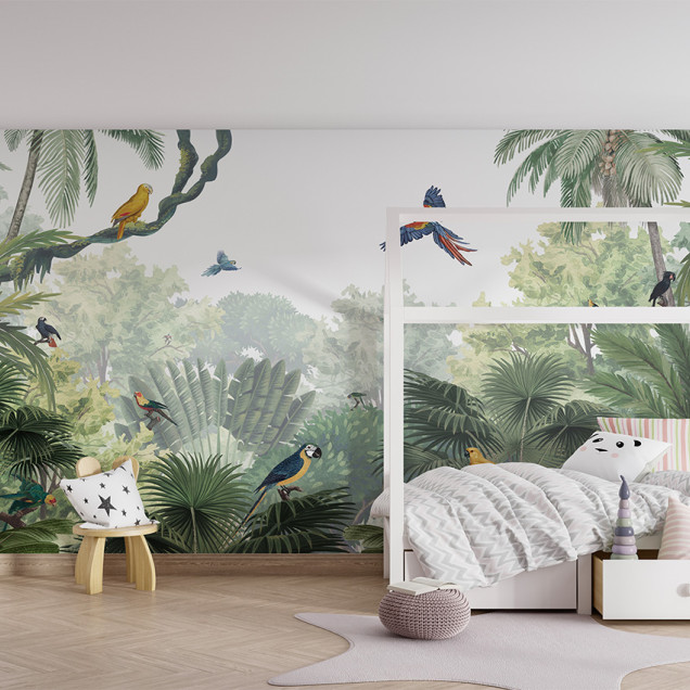 Tapet Canopy Jungle - Natural cu palmieri, păsări și o atmosferă exotică.