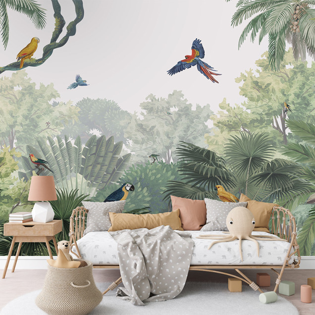 Tapet Canopy Jungle - Natural cu palmieri, păsări și o atmosferă exotică.