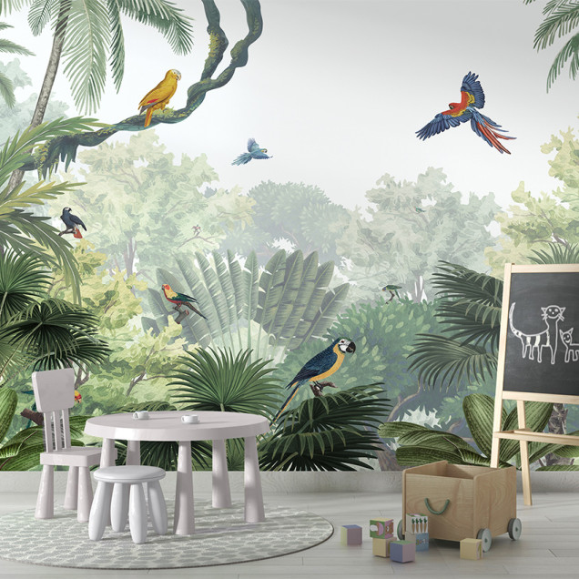Tapet Canopy Jungle - Natural cu palmieri, păsări și o atmosferă exotică.