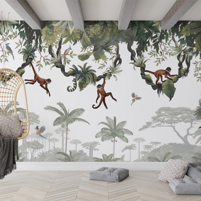Tapet cu maimuțe jucause, păsări exotice și vegetație luxuriantă, perfect pentru a aduce o atmosferă tropicală în orice cameră.