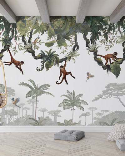 Tapet cu maimuțe jucause, păsări exotice și vegetație luxuriantă, perfect pentru a aduce o atmosferă tropicală în orice cameră.
