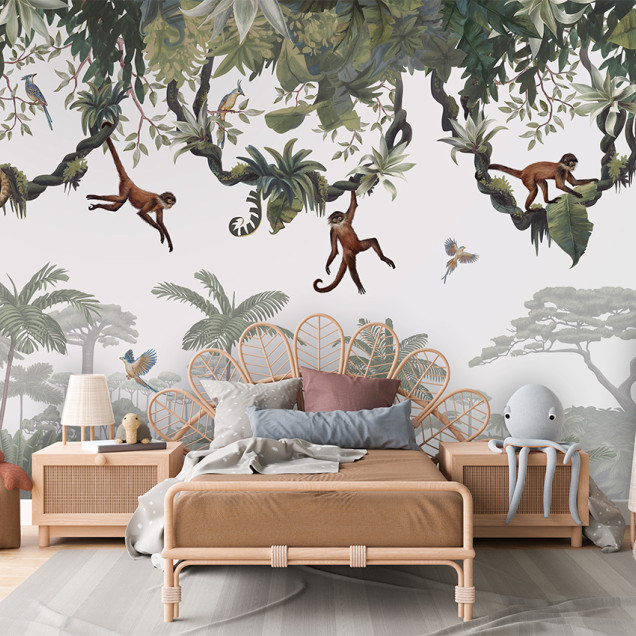 Tapet cu maimuțe jucause, păsări exotice și vegetație luxuriantă, perfect pentru a aduce o atmosferă tropicală în orice cameră.