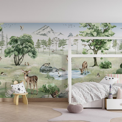 Tapet personalizat Deer Forest - Summer, cu un design inspirat din natură, cu animale simpatice într-o pădure verde.