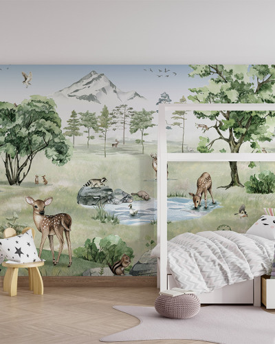 Tapet personalizat Deer Forest - Summer, cu un design inspirat din natură, cu animale simpatice într-o pădure verde.