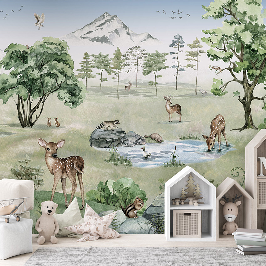 Wallpaper cu o pădure de iarnă cu cerb și animale drăguțe