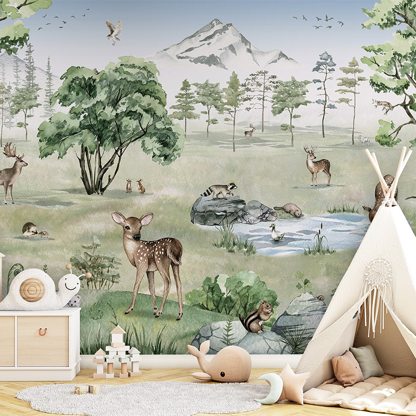 Wallpaper cu o pădure de iarnă cu cerb și animale drăguțe