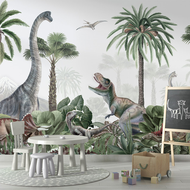 Fototapet cu dinozauri și palmieri într-o cameră de copii