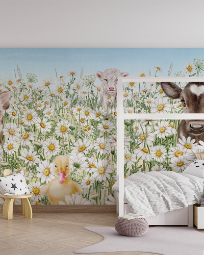 Tapet personalizat Fantastic Forest - Bej cu animale drăguțe într-o pădure de margarete