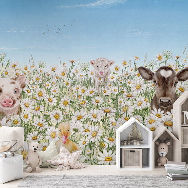 Tapet personalizat Fantastic Forest - Bej cu animale drăguțe într-o pădure de margarete