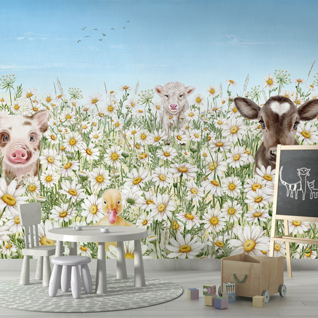 Tapet personalizat Fantastic Forest - Bej cu animale drăguțe într-o pădure de margarete