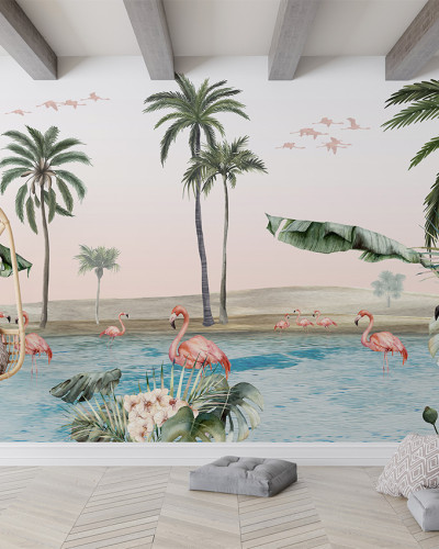 Tapet personalizat cu palmieri, flamingo roz și o oază tropicală.