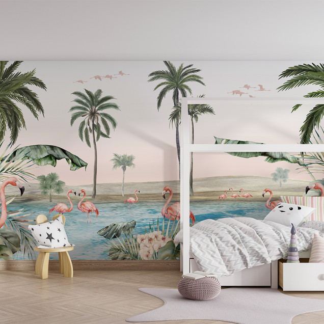 Tapet personalizat cu palmieri, flamingo roz și o oază tropicală.
