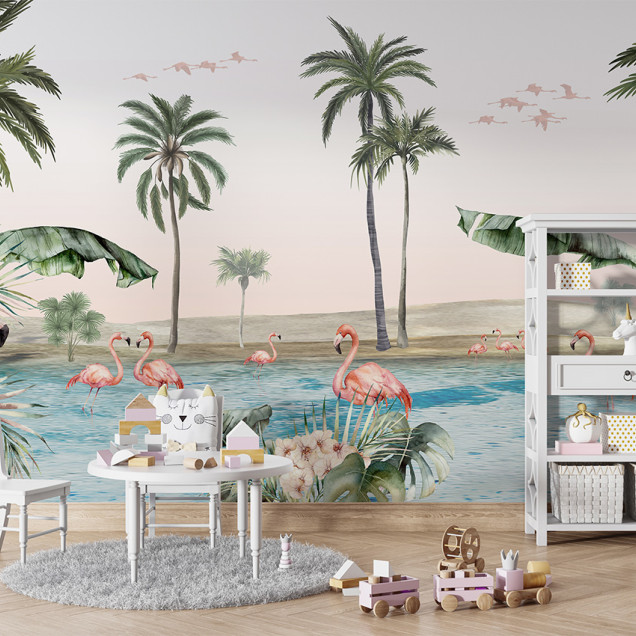 Tapet personalizat cu palmieri, flamingo roz și o oază tropicală.