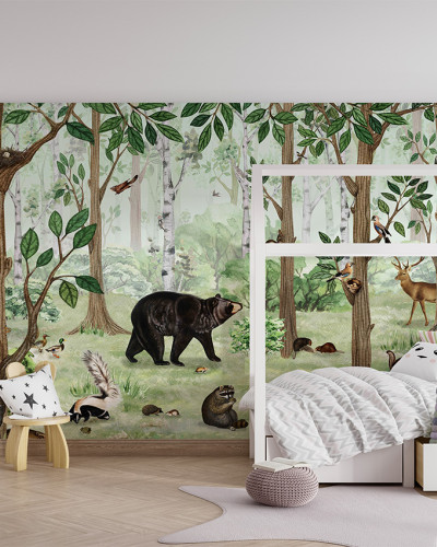 Tapet personalizat Forest Lookbook cu imagini cu animale sălbatice într-o pădure verde