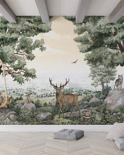 Tapet cu design inspirat din natură, Forest Vista, cu o panoramă uluitoare a pădurii, copaci, animale sălbatice și o atmosferă relaxantă.