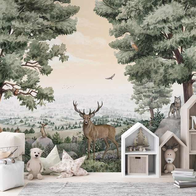 Tapet cu design inspirat din natură, Forest Vista, cu o panoramă uluitoare a pădurii, copaci, animale sălbatice și o atmosferă relaxantă.
