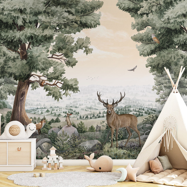 Tapet cu design inspirat din natură, Forest Vista, cu o panoramă uluitoare a pădurii, copaci, animale sălbatice și o atmosferă relaxantă.