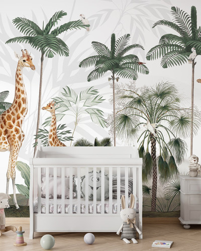 Tapet cu girafe grațioase și palmieri tropicali, perfect pentru camera copilului