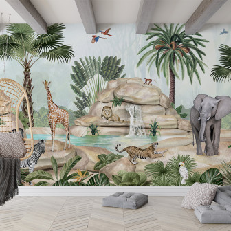 Tapet Jolly Jungle, o tapetă vibrantă cu animale și plante exotice, perfectă pentru a transforma orice cameră într-un colț exotic.