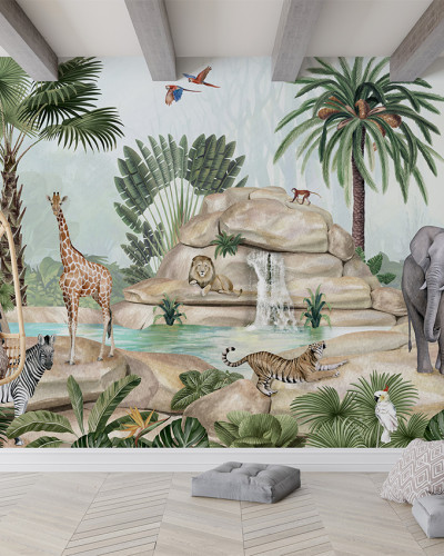 Tapet cu design de junglă luxuriantă, cu animale sălbatice
