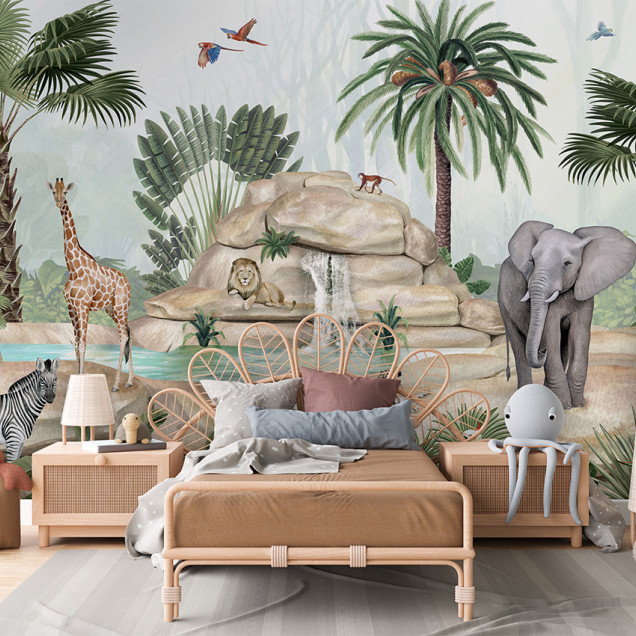 Tapet cu design de junglă luxuriantă, cu animale sălbatice