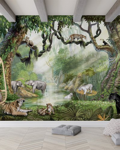 Tapet Jungle Cats cu elefanți, tigri, leoparzi, maimuțe și păsări tropicale într-o junglă luxuriantă.