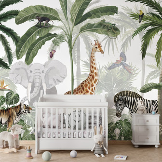 Tapet personalizat cu jungle, animale, copaci si plante exotice