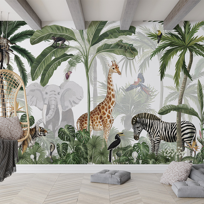 Personalizat Jungle Jive - Sepia cu imagini de animale din junglă, cum ar fi girafe, elefanți, zebre și tigri, printre palmieri și frunze luxuriante.