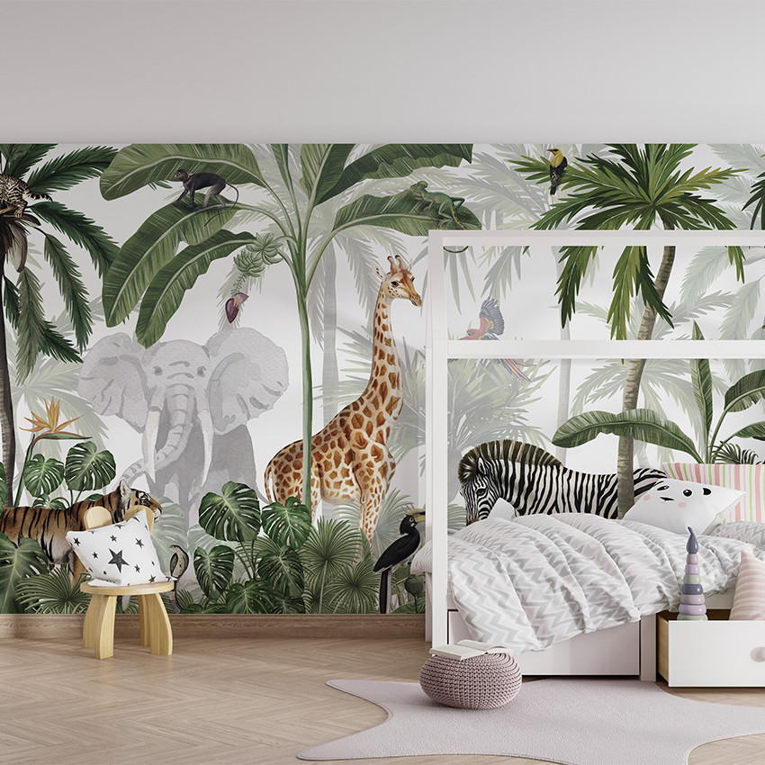 Personalizat Jungle Jive - Sepia cu imagini de animale din junglă, cum ar fi girafe, elefanți, zebre și tigri, printre palmieri și frunze luxuriante.