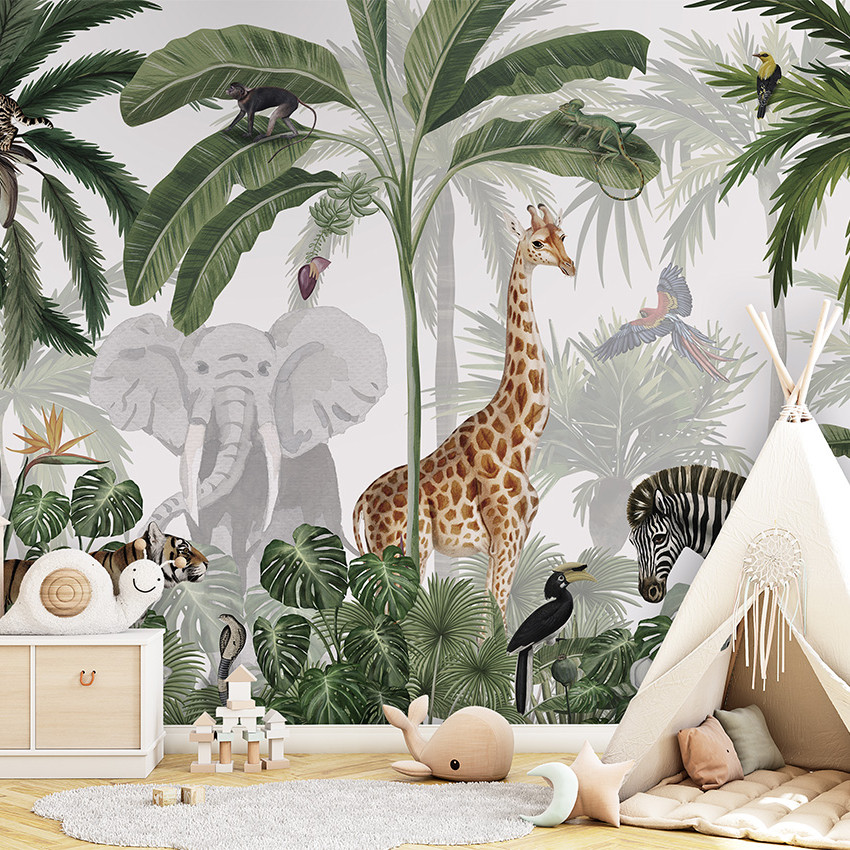 Personalizat Jungle Jive - Sepia cu imagini de animale din junglă, cum ar fi girafe, elefanți, zebre și tigri, printre palmieri și frunze luxuriante.