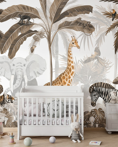 Personalizat Jungle Jive - Sepia cu imagini de animale din junglă, cum ar fi girafe, elefanți, zebre și tigri, printre palmieri și frunze luxuriante.