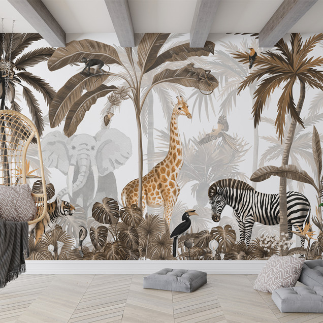 Personalizat Jungle Jive - Sepia cu imagini de animale din junglă, cum ar fi girafe, elefanți, zebre și tigri, printre palmieri și frunze luxuriante.