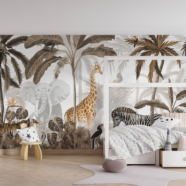 Personalizat Jungle Jive - Sepia cu imagini de animale din junglă, cum ar fi girafe, elefanți, zebre și tigri, printre palmieri și frunze luxuriante.