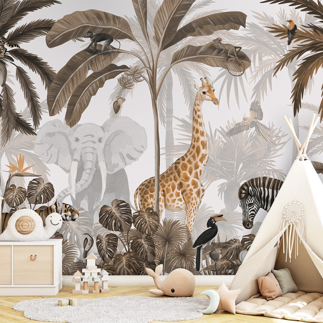 Personalizat Jungle Jive - Sepia cu imagini de animale din junglă, cum ar fi girafe, elefanți, zebre și tigri, printre palmieri și frunze luxuriante.