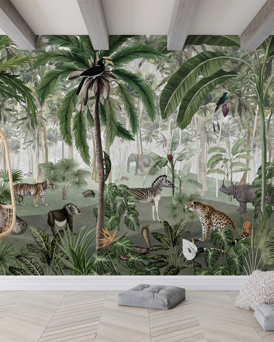 Tapet cu design jungle, cu palmieri, animale sălbatice și o ambianță exotică