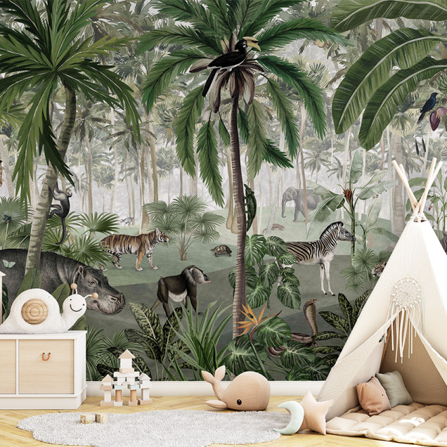 Tapet cu design jungle, cu palmieri, animale sălbatice și o ambianță exotică