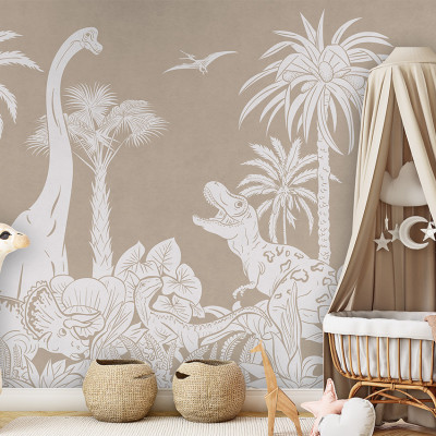 Tapet copii cu dinozauri și palmieri în tonuri monocrome