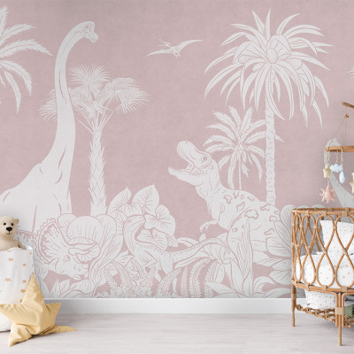 Tapet personalizat Monocrom Dino - Roz, cu design minimalist cu dinozauri albi pe un fundal roz pal, perfect pentru a crea o atmosfera jucausa si relaxantă în camera bebelusului.