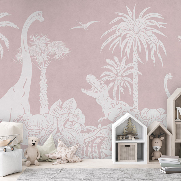 Tapet personalizat Monocrom Dino - Roz, cu design minimalist cu dinozauri albi pe un fundal roz pal, perfect pentru a crea o atmosfera jucausa si relaxantă în camera bebelusului.