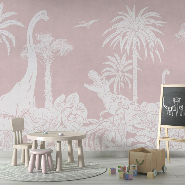 Tapet personalizat Monocrom Dino - Roz, cu design minimalist cu dinozauri albi pe un fundal roz pal, perfect pentru a crea o atmosfera jucausa si relaxantă în camera bebelusului.