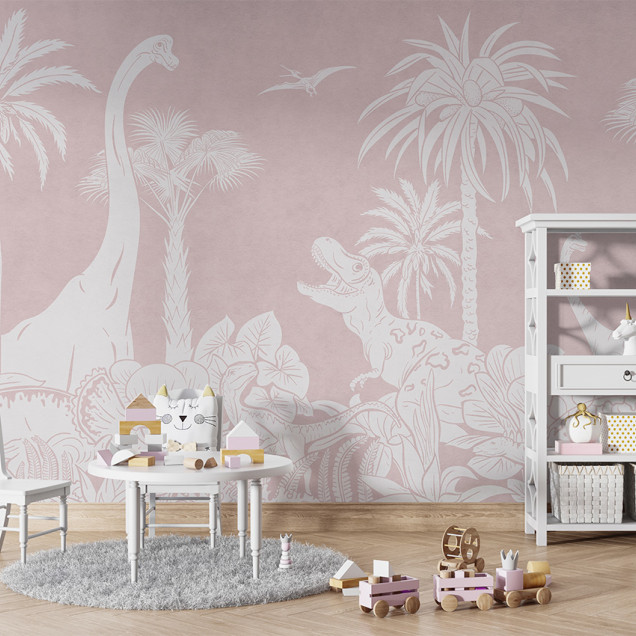 Tapet personalizat Monocrom Dino - Roz, cu design minimalist cu dinozauri albi pe un fundal roz pal, perfect pentru a crea o atmosfera jucausa si relaxantă în camera bebelusului.