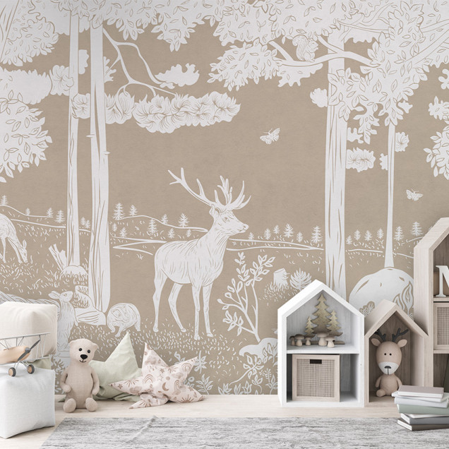Tapet monocrom cu design forestier, cu siluete delicate de copaci, animale și plante în nuanțe de maro și alb
