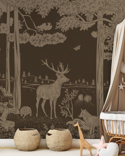 Tapet monocrom cu design vintage de pădure